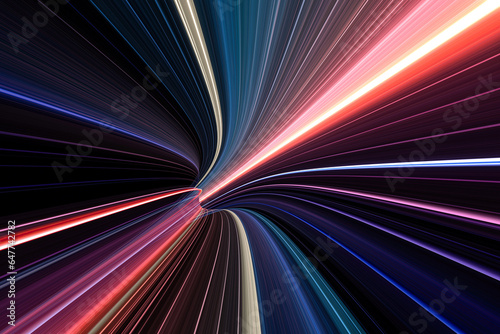3d illustration of light tunnel made of vibrant neon lines. 3d rendering of bright light trails, perspective view. 