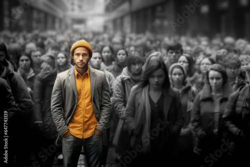 Unique African American man standing out from the crowd stands among people on a crowded street in the center of a large city