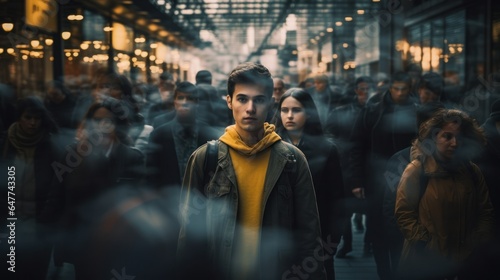 Young man on crowded street in movement standing out Concept of uniqueness photo