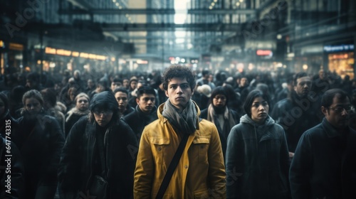 Young man on crowded street in movement standing out Concept of uniqueness photo