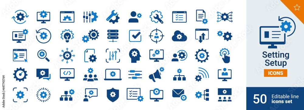 Setting and setup Basic icons Pixel perfect. option, installation, tools, control,...	
