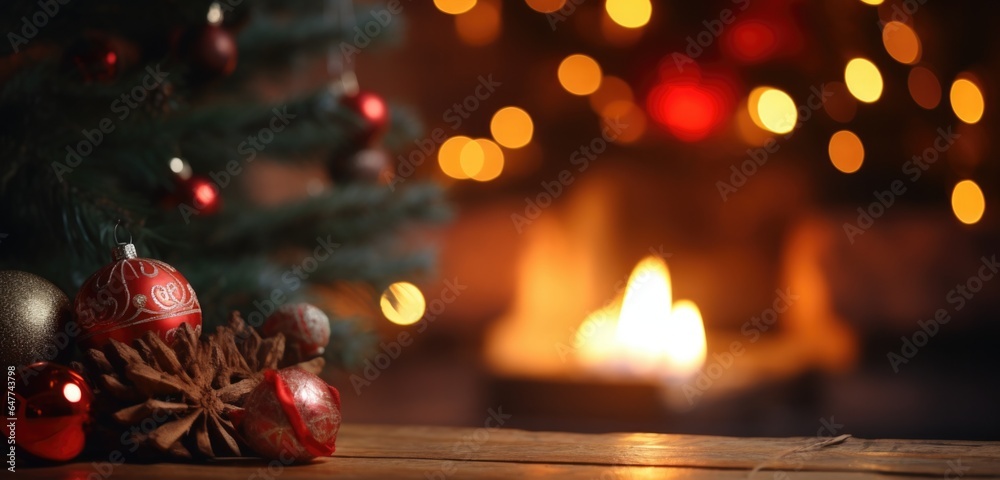 Christmas Tree with Decorations Near a Fireplace with Lights with Copy Space Christmas Tree with Decorations Near a Fireplace with Lights with Copy Space