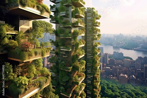 Idea of a green city, featuring skyscrapers enveloped in verdant foliage