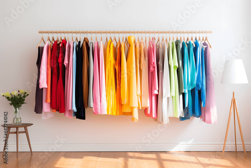 t-shirts hanging on a clothing rack, display, clothing rack, clothes, closet