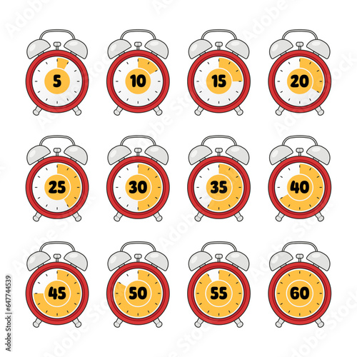Kitchen timer clock. 1 to 60 minutes countdown symbols. Isolated illustration.