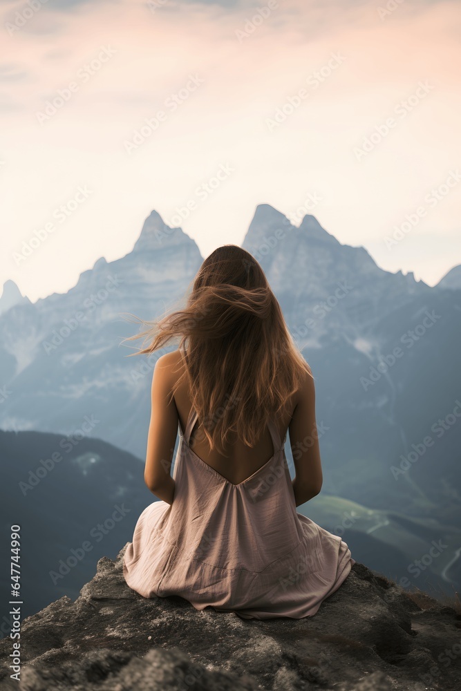 Hipster girl sitting in rocky of mountain