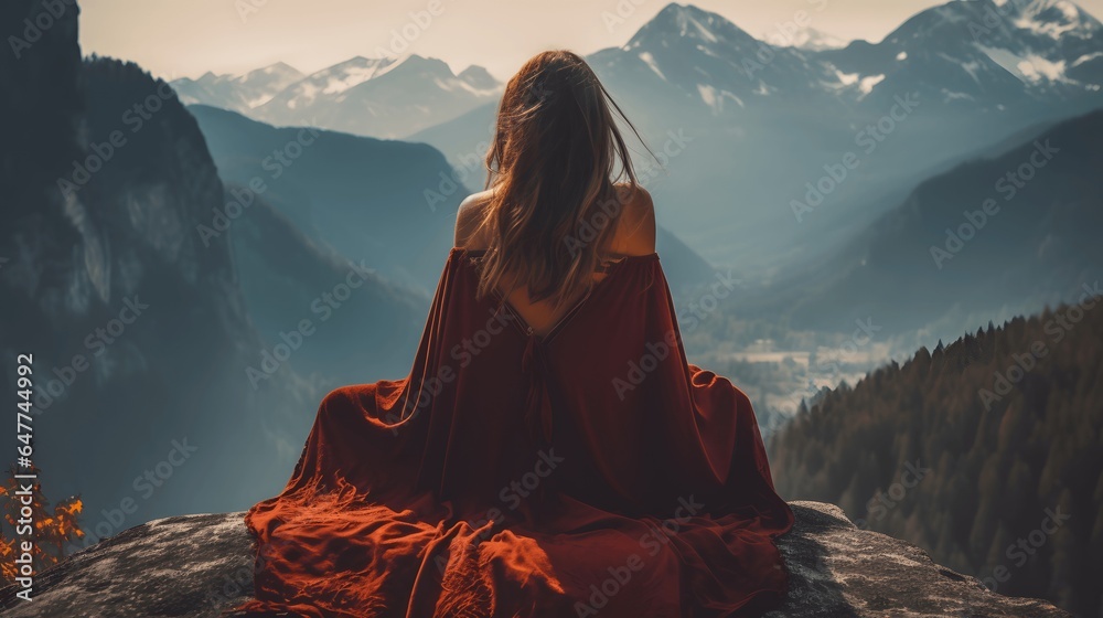 Hipster girl sitting in rocky of mountain