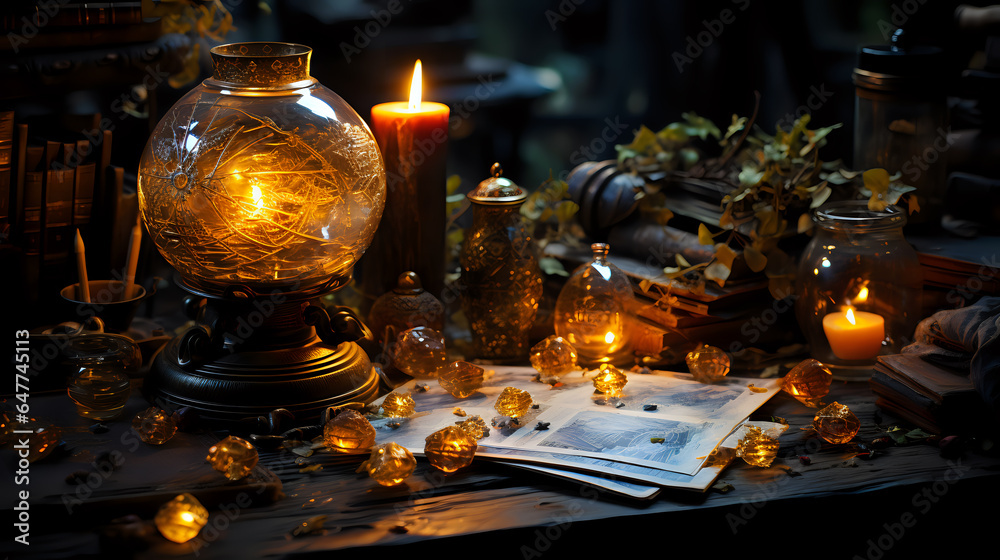 a set of props for board games about magic and adventure, table decorations for a dnd party, dark atmosphere, copy space, magic items and accessories a set of props for board games about magic and adventure, table decorations for a dnd party, dark atmosphere, copy space, magic items and accessories