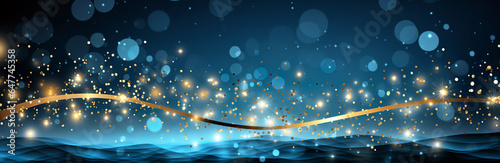 Blue rippling water surface and rippling gold ribbon with lots of sparkles on the blue background. Happy New Year. Seasonal greeting card design with copy space. Festive concept. AI generated.