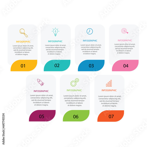 Minimal Business Infographics template. Timeline with 7 steps, options and marketing icons .Vector linear infographic with seven circle conected elements. Can be use for presentation.