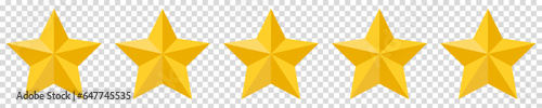 Set of five yellow stars icons. Five stars customer product rating. Vector illustration isolated on transparent background