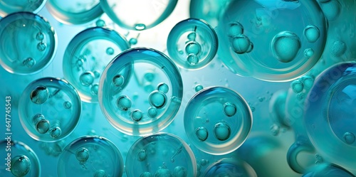 Cell structure on blue background. Oxygen cell under microscope. Cosmetic laboratory chemical background.