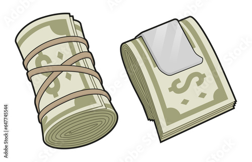 Set of money illustration. Money roll, money clips. Isolated vector illustration.