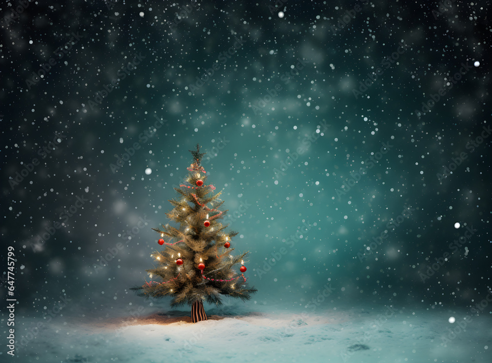 Christmas tree on the snow at night background.