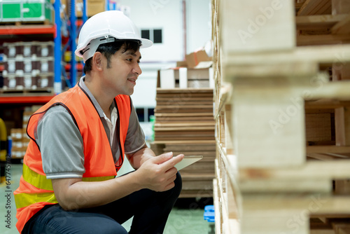 Slika na platnu Asian male factory inspect pallet in warehouse or inventory and check stock product