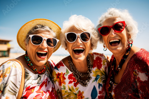 A holiday attractive group of grannies are smiling sunglasses on a beach ; a vacation background or banner