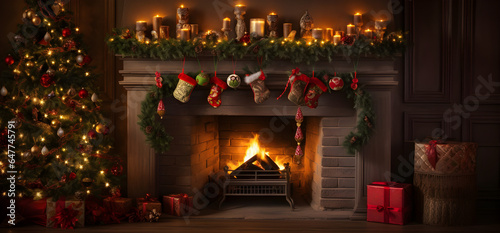 Fireplace with christmas decorations. © EEKONG