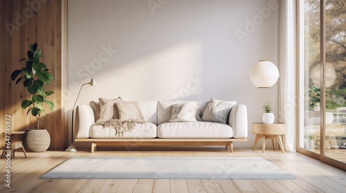 Minimalist Scandinavian style living room design with sofa and wood wall