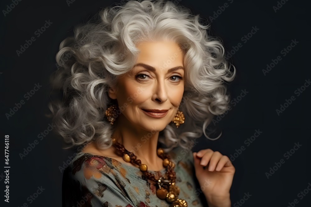 studio portrait of an older Caucasian woman with perfect gray long locks, smooth skin and perfect makeup for advertising beauty, health, care products, the old lady pensioner is beautiful studio portrait of an older Caucasian woman with perfect gray long locks, smooth skin and perfect makeup for advertising beauty, health, care products, the old lady pensioner is beautiful