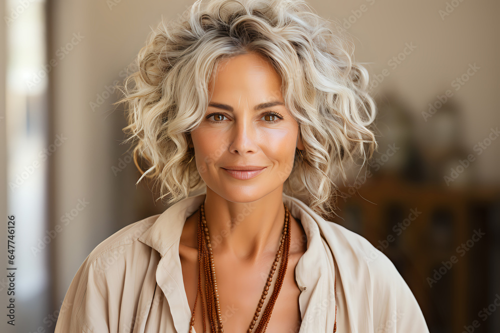studio portrait of an older Caucasian woman with perfect gray long locks, smooth skin and perfect makeup for advertising beauty, health, care products, the old lady pensioner is beautiful