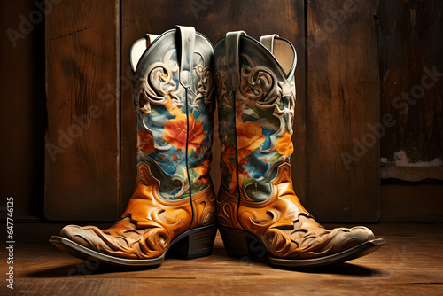 Leather Cowboy Boots on display, colorful, funky boots, leather shoes, wild west cowboy boots style.