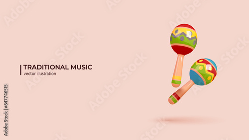 3d Vector Maracas Shakers. Realistic 3d design of Traditional Music Instrument. 3d Illustrated cartoon set of mexican party accessories. Vector illustration
