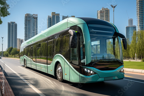 Eco bus on the background of the streets of the city of the future. The concept of ecological urban transport.