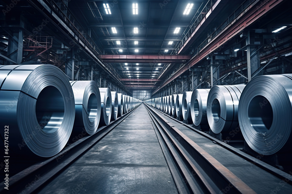 Rolls of galvanized steel sheet inside the factory or warehouse - obrazy, fototapety, plakaty 