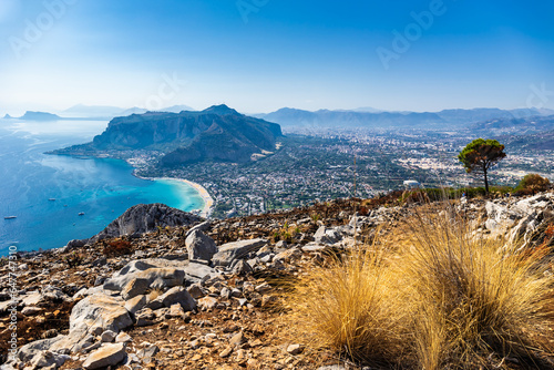 The panoramic view over Mondello bay and Monte Pellegrino from the top of Mountain Gallo in Sicily, Italy