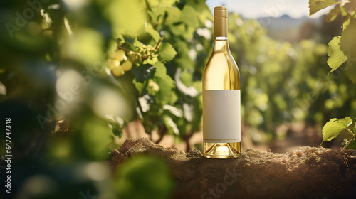 Generative AI, white wine bottle mock up on vineyrad landscape in the sunshine, cope space and place for logo photo