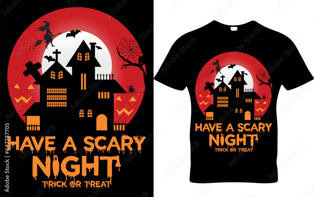 Free vector happy Halloween celebration party scary  with night and scary castle t-shirt design template pod