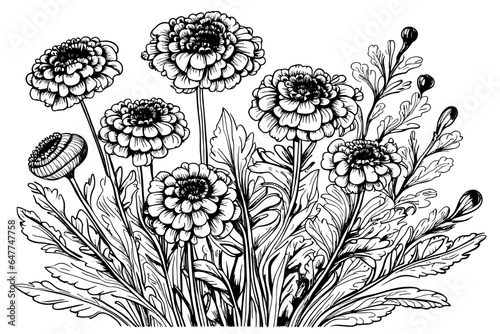 sketch drawn bouquet of flowers Calendula officinalis or marigold