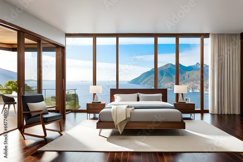 Luxury bedroom interior with rich furniture and scenic view from walkout deck photo