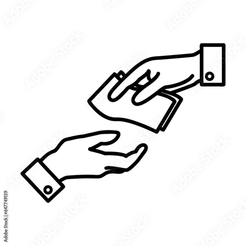 Simple outline of hand giving money vector icon. Black line drawing or cartoon illustration of businessmen making deal symbol on white background. Business, investment, finances concept