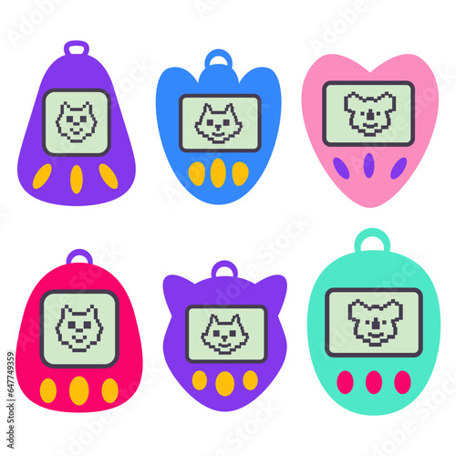 Tamagotchi toy.Vintage digital pocket.Pet game icon. Japanese game  with screen display pixel animal.Pocket puppy dog toy.Retro digital pet.Portable pocket game of 90s.Pet pixel fox,dog. photo