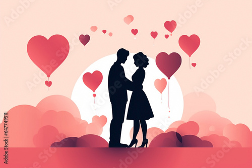 Silhouette of a couple in love and floating hearts. Happy Valentine's Day concept.