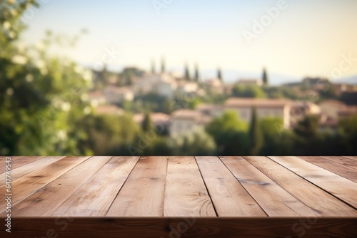 Empty wooden table top, blurred italian village background. Wood podium for presentation product. Horizontal farm banner, generated by AI