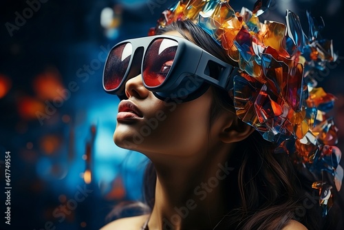 A modern girl in strange pink glasses with frilly decorations on her head. The concept of an alternative view of the world, the fashion of the future, outrageousness. Generative AI. photo