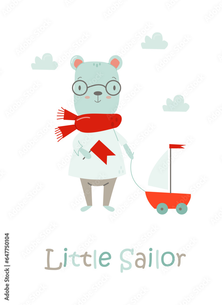 vector cartoon with liitle cute sailor bear in glasses wiith toy ship vector cartoon with liitle cute sailor bear in glasses wiith toy ship