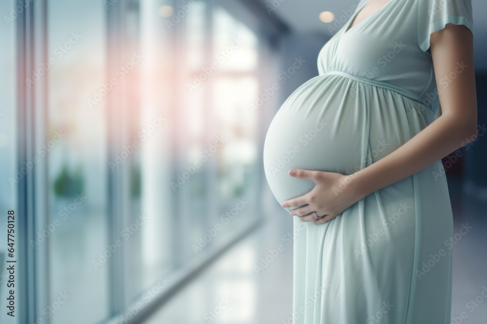 Caucasian pregnant woman stand at holding belly pose. Lady stand in