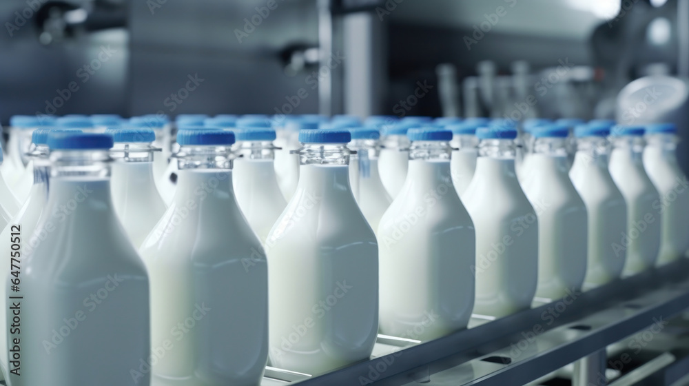 Precision in Production: The Process of Filling Milk or Yoghurt into Plastic Bottles, Showcasing Advanced Equipment in Action at a State-of-the-Art Dairy Plan. Precision in Production: The Process of Filling Milk or Yoghurt into Plastic Bottles, Showcasing Advanced Equipment in Action at a State-of-the-Art Dairy Plan.