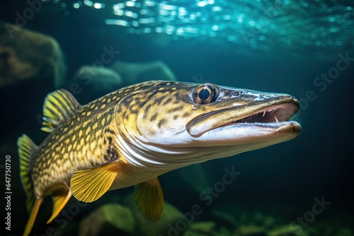 Pike fish underwater close up view. Big freshwater predator. Fishing banner generated by AI