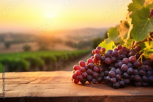 Bunch of grapes on wood table top with empty space. Grape harvest beautiful horizontal banner. Vine agriculture ads, generated by AI