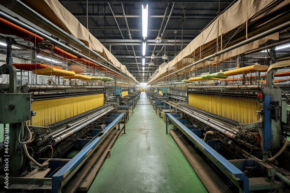 Industrial fabric production line. Weaving looms at a textile factory