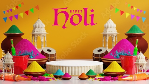 3d rendering illustration for podium holi festival of colors  colorful gulaal (powder color), gulal shooter gun, indian festival for happy holi background.