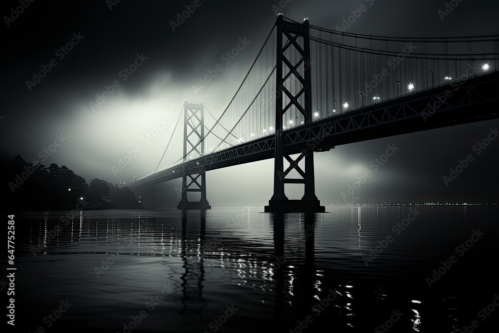 A dramatic black and white image of a long, narrow suspension bridge, capturing its stark beauty and engineering marvel. A dramatic black and white image of a long, narrow suspension bridge, capturing its stark beauty and engineering marvel.
