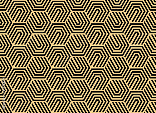 Abstract geometric pattern with stripes, lines. Seamless vector background. Gold and black ornament. Simple lattice graphic design