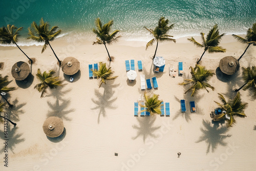 A tropical beach, with sand, umbrellas, palm trees