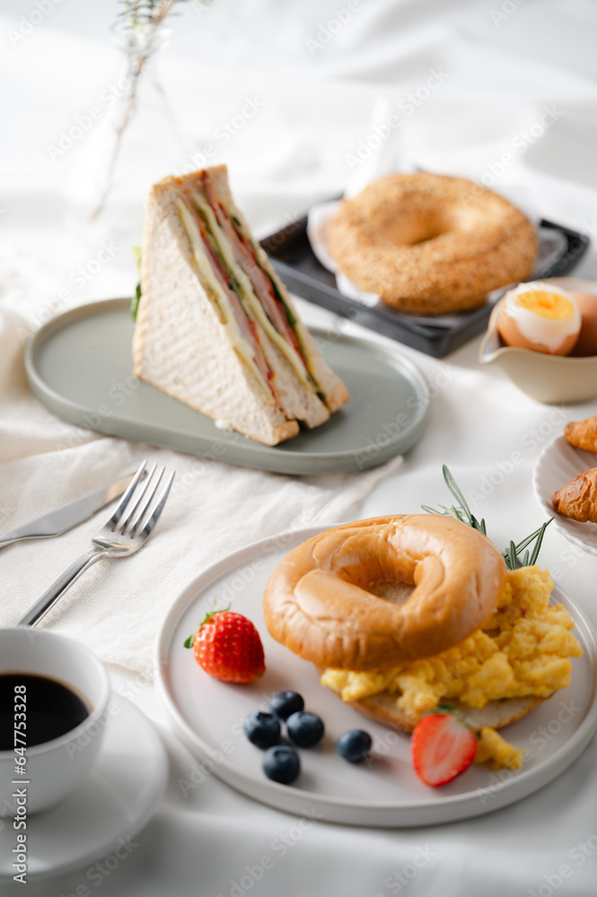 Breakfast eggs berries and strawberry fruit on a white plate Breakfast eggs berries and strawberry fruit on a white plate