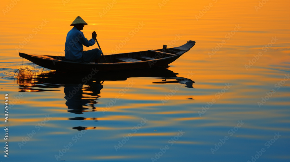 vietnamese canoe or boat with fisherman at sunset